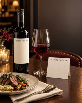 Alcohol free red wine bottle with glass and gourmet steak dinner on restaurant table