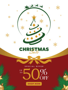 Festive Christmas Sale promotional poster design with an elegant stylized green Xmas tree, golden stars, red gift boxes, pine branches, and a special offer up to 50% off discount banner for shopping.