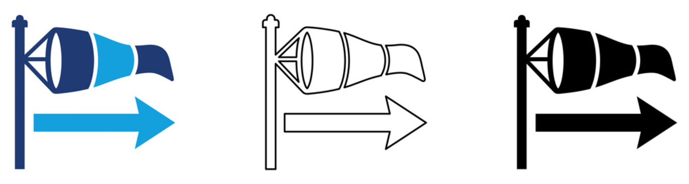 Multicolor Wind Direction Indicator Icon Set with Filled and Outline Styles for Weather Monitoring Aviation Safety Wind Measurement Environmental Analysis and Meteorological Services 