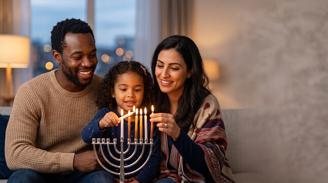 Family lighting the menorah, Multiracial family lighting menorah candles together at home during Hanukkah  