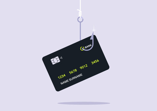 A bank card dangles from a hook, illustrating the dangers of identity theft and online fraud, This scene highlights the importance of safeguarding personal information in financial transactions.