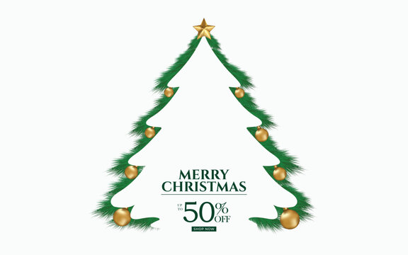 Festive Christmas Sale background banner featuring a pine tree frame silhouette, luxury golden baubles, top star, and special discount promo message for holiday shopping and seasonal deals.