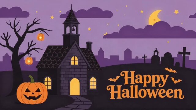 Happy Halloween Haunted House Silhouette with Spooky Church, Crescent Moon, and Bats Background
