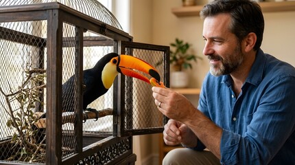 Fototapeta premium A man sits next to a cage, feeding a toucan with a colorful beak. The scene takes place indoors in a well-lit room with plants and shelves