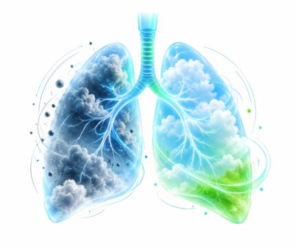 Lungs as Symbols of Health and Pollution: A stylized representation of human lungs, illustrating the contrast between clean, fresh air filled with green hues and polluted air depicted as dark.
