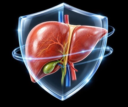 Liver Protection Shield: A realistic depiction of a human liver, complete with gallbladder and blood vessels, enclosed within a protective, glowing shield, symbolizing health and defense.
