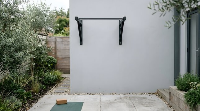 A pull-up bar is mounted on a wall in an outdoor fitness area. A yoga mat lies on the ground nearby. The space has plants and paving stones, creating