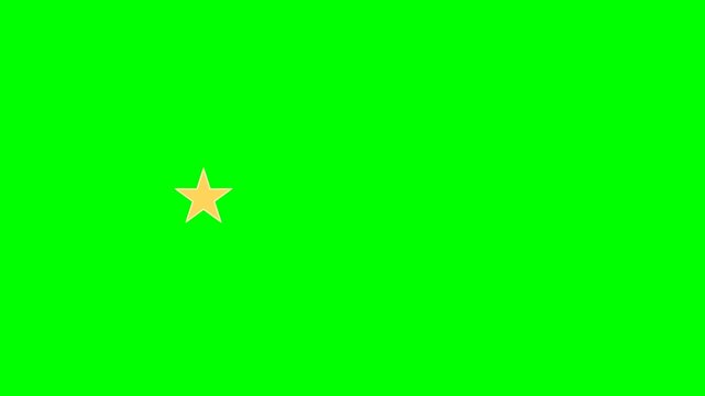 A green screen motion graphic showing a five-star rating where four stars successively sprout small wings, flap, and fly away. The flying stars remain gold and fade out. The first star remains perfect