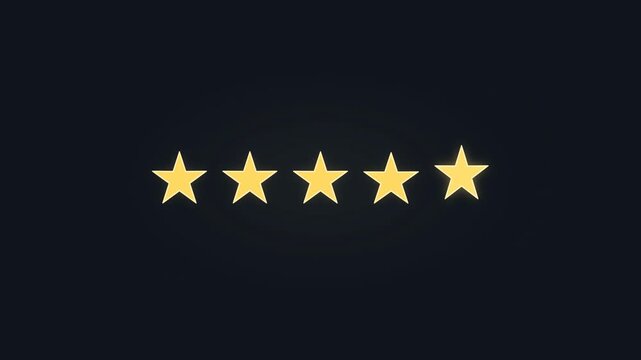 A premium minimalist UI motion graphic featuring five stars sequentially filling from left to right, followed by a bright global glow and a celebratory sequential bounce.