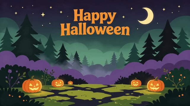 Mysterious Halloween Forest Landscape with Glowing Pumpkin Lanterns and Spooky Night Sky