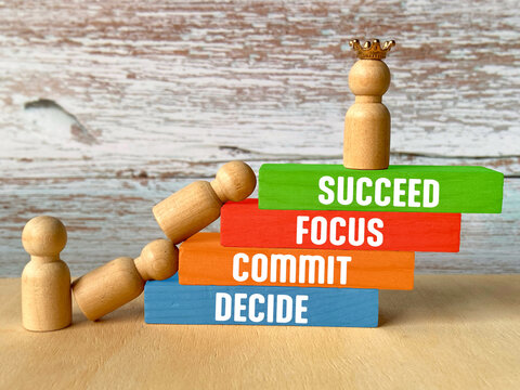 Focus Commit Decide and Succeed Motivation Concept with a human figure representing determination and goal achievement.