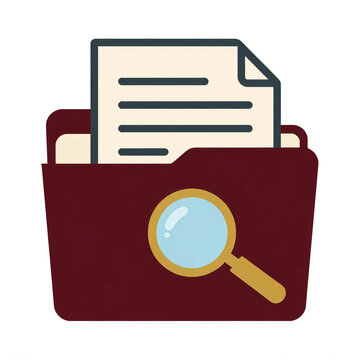 Brown document folder with paper and magnifying glass file search flat illustration