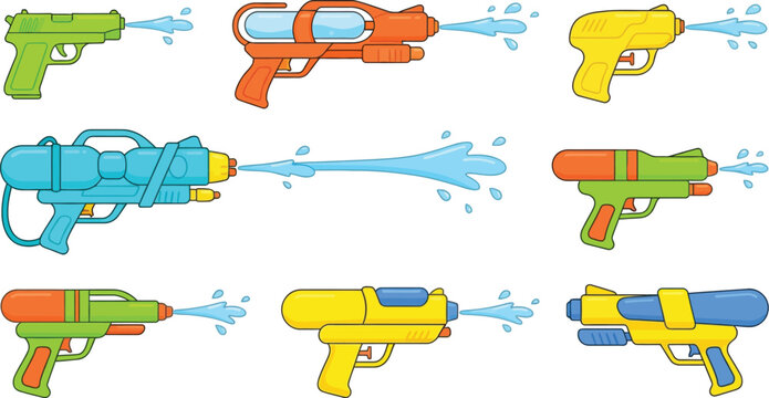 colorful water guns and blasters vector set, summer water toys, playful outdoor activities, splash game graphics, pool accessories, children recreation, beach entertainment, colorful toy collection