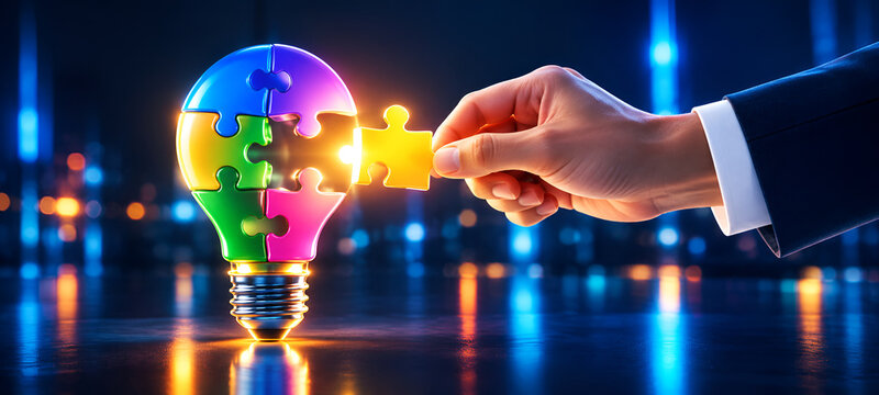 Businessman Hand Completing Colorful Light Bulb Puzzle Concept of Teamwork Problem Solving and Strategy