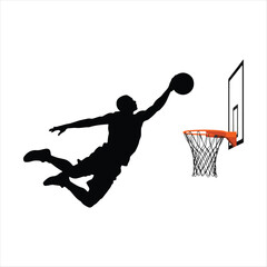 Basketball player slam dunking silhouette vector illustration isolated on white background, Male basketball player jumping to score hoop flat vector art, Professional basketball player performing slam © MDNASIRUL