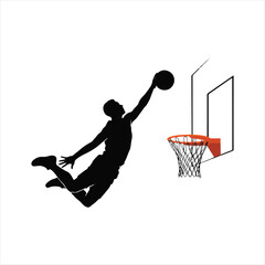 Basketball player slam dunking silhouette vector illustration isolated on white background, Male basketball player jumping to score hoop flat vector art, Professional basketball player performing slam © MDNASIRUL