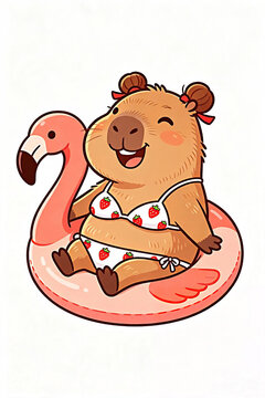 Capybara with a flamingo floatie
