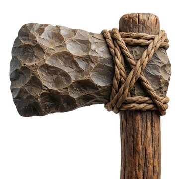 Primitive stone axe with wood handle secured by rope. Shows ancient tool making and natural materials. Rustic artifact represents early human ingenuity and survival methods.