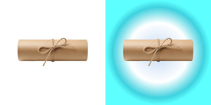 Rustic brown paper scroll tied with twine isolated on white background