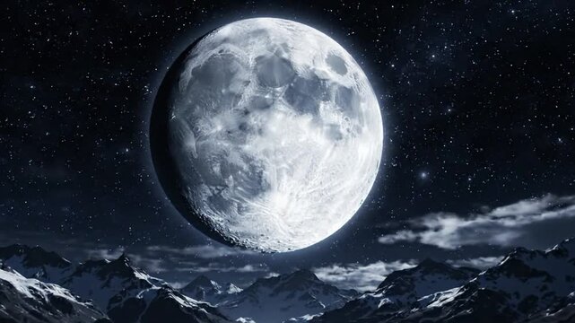 Pleine lune b over mountains and water at night with stars in the sky