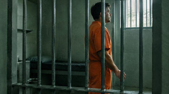A man in an orange jumpsuit stands behind bars in a dimly lit prison cell, looking out a small window.