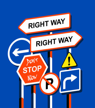 Colorful Traffic Sign Illustration with Direction and Warning Symbols