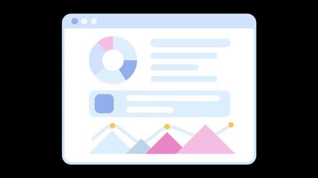 Flat vector browser window showing data analytics dashboard with pie chart and mountain graphs