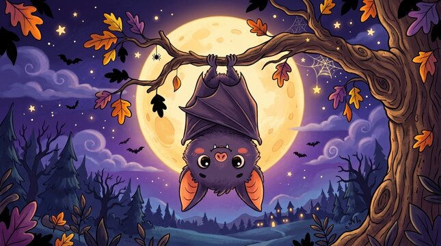 Cartoon bat hanging upside down from tree branch under full moon in autumn forest scene