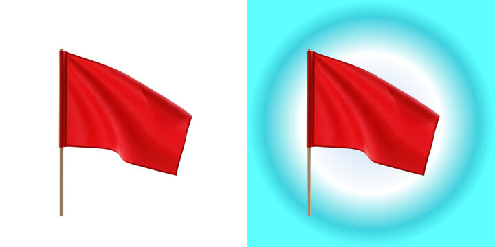 Waving red fabric flag on wooden pole isolated on white background