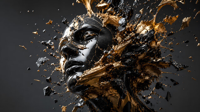 Abstract 3d sculpture of a glossy black human face exploding into metallic gold liquid splashes and fragments against a dark gray background