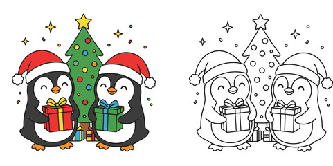 Fototapeta premium Cute Santa Penguins with Gifts and Decorated Christmas Tree Set - Color and Line Art for Kids Coloring Page Activity