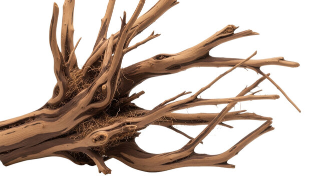 A detailed, gnarled piece of brown wood, possibly a root or driftwood, with intricate branches and textures, isolated on a white background.