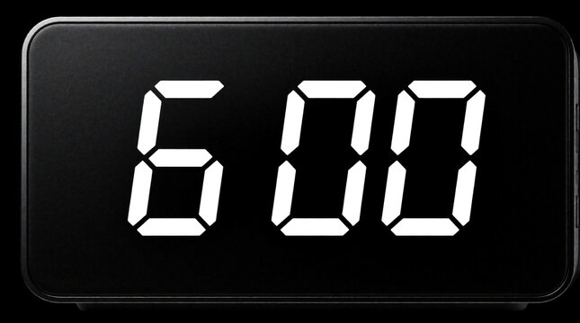 Digital clock shows 6 00 on black background. Modern electronic alarm clock with white LED numbers displays early morning time. Simple minimalist timer interface for daily routine, wake up schedule,