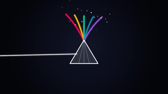 Abstract motion graphic of a white light beam refracting through a glass crystal prism pyramid, creating a vibrant rainbow spectrum and sparkling particles against a dark background.