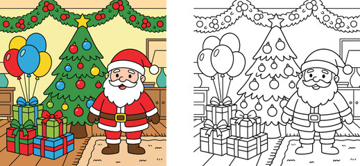 Fototapeta premium Cute Christmas Santa Claus with Gifts and Tree Coloring Page - A festive digital illustration suitable for children, featuring color-by-number style outlines.