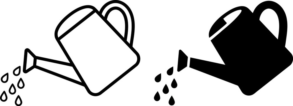 A watering can depicted as a flat vector silhouette with water droplets falling gardening horticulture irrigation sprinkler planter floral botanical agriculture outdoor lawn yard raindrops