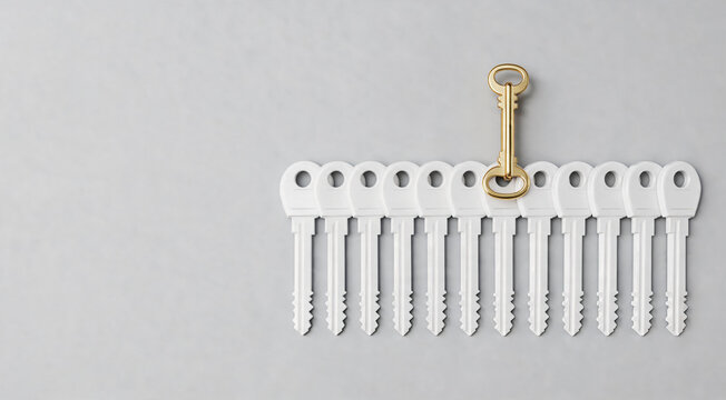Set of identical keys with one gold key attached in flat lay composition