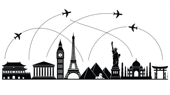 Global travel landmarks vector illustration featuring iconic world monuments and airplane flight path routes