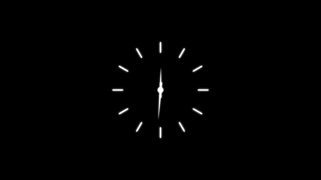 Abstract white colour clock icon animation. Digital and analogy clock 24 hours isolated on black background, 4k animation video.
