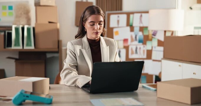 Logistics, typing and woman in office with laptop, order control and review monitoring on webstore. Reading, digital and entrepreneur with tech, delivery status or customer feedback on ecommerce site