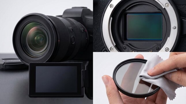 Detailed photo collage showcasing modern digital camera, digital sensor, and lens cleaning process