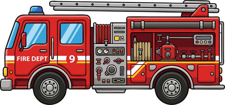 Cartoon Fire Truck Side View - Red Fire Engine with Ladder, Hose and Equipment, Fire Department Vehicle Illustration