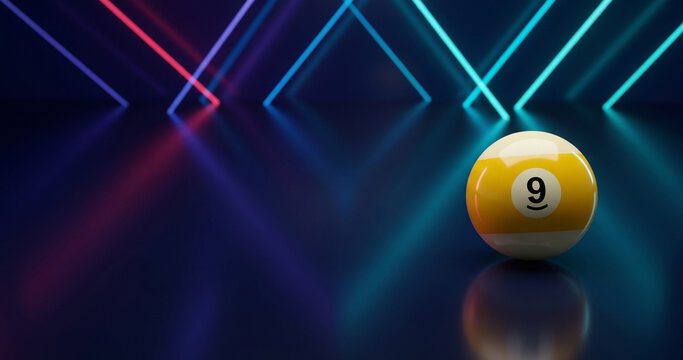 A 9-ball billiard in a futuristic room adorned with neon lights