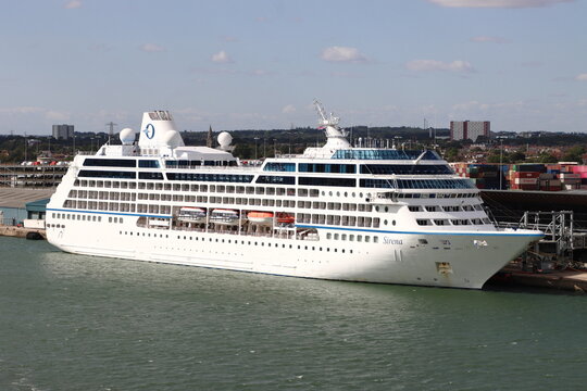 MS Sirena (IMO 9187899, MMSI 538006842), a passenger (cruise) ship built in 1999 operated by Oceania Cruises, moored in the Port of Southampton, Hampshire, UK