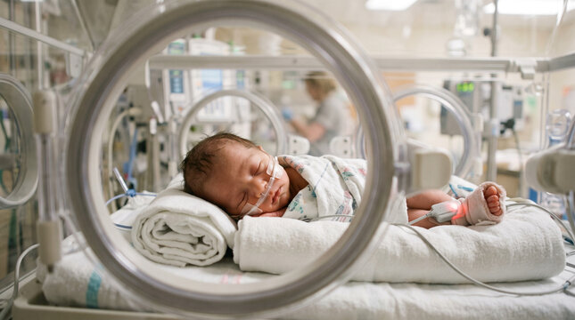 Premature newborn baby girl resting peacefully, representing neonatal care, early birth, infant health, medical support and the delicate first days of life.