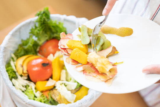 Compost from leftover food asian housekeeper woman hand holding peel plate use fork scraping waste, rotten vegetable throwing away into garbage, trash or bin. Environmentally responsible concept.