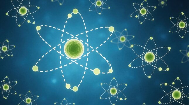 Conceptual illustration shows atomic structures with electrons orbiting nuclei on blue background. Represents scientific principles abstractly. Useful for educational or research content.