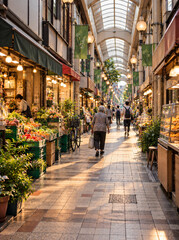 Fototapeta premium Traditional Japanese Shopping Arcade with Local Shoppers