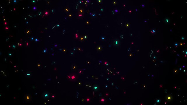 Colorful confetti falling on black background, celebration and party atmosphere, dynamic motion footage.