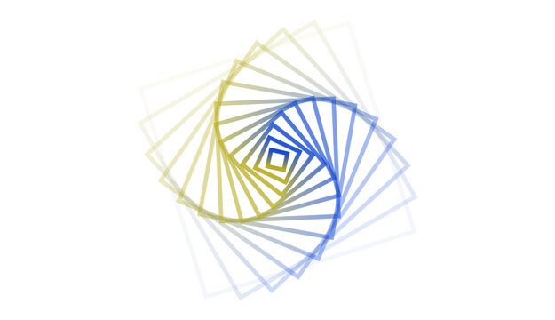 Blue and yellow rotating square spiral frames for abstract geometric poster design.